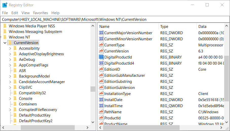 finding registry key for windows 10 pro