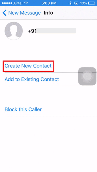 scegli l'opzione Crea nuovo contatto dalla lista
